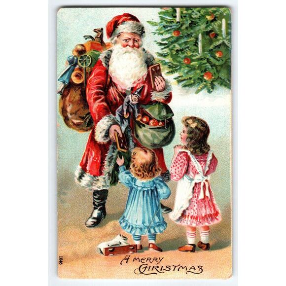 Santa Claus Christmas Postcard Children Tree Otto Schloss 1046 Original Embossed - Picture 1 of 2